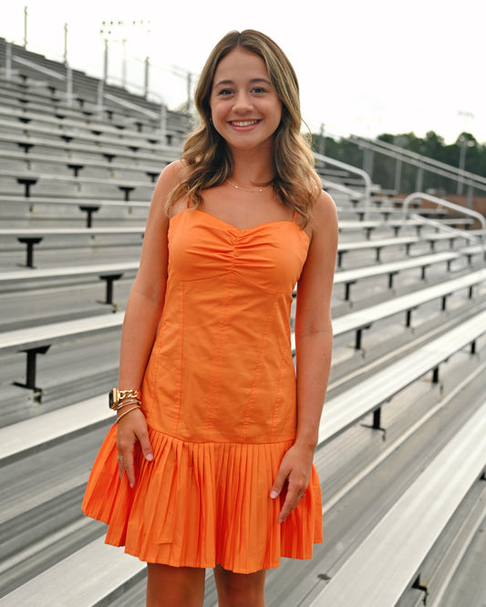 Pleated Ruffle Mini Dress - Orange